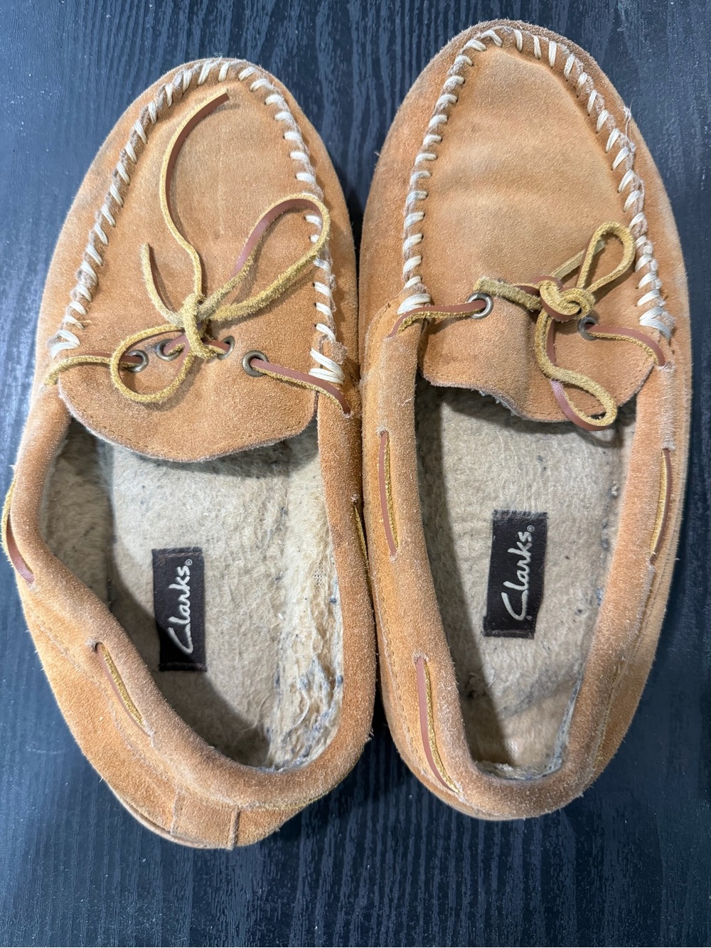 Clarks Suede Moccasin Slippers in Tan and Cream - Picture 5 of 5